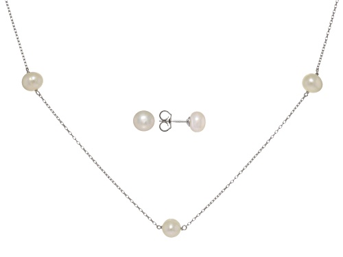 Pre-Owned 6mm White Cultured Freshwater Pearl Rhodium Over Sterling Silver Necklace And Earring Se