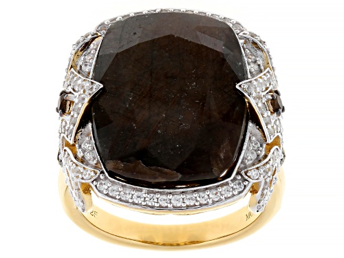 Pre-Owned 18.00ct Golden Sheen Sapphire With 1.00ctw Smoky Quartz & Zircon 18k Yellow Gold Over Silv - Size 6