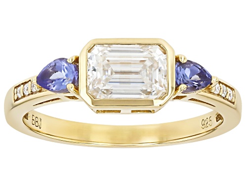 Pre-Owned MOISSANITE FIRE® 1.07CTW DEW AND TANZANITE 14K YELLOW GOLD OVER SILVER RING - Size 10
