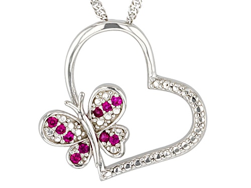 Pre-Owned 0.13ctw Lab Created Ruby Rhodium Over Silver Children's Heart & Butterfly Pendant With Cha