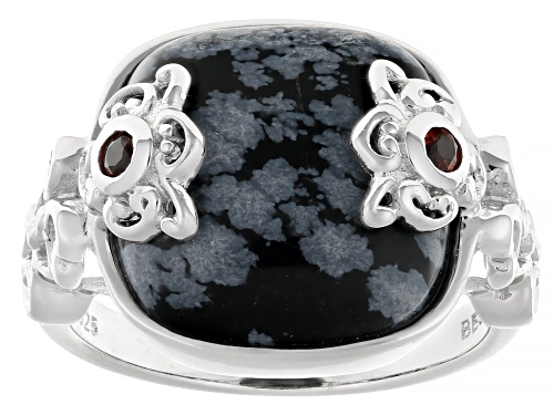 Pre-Owned 14mm Square Cushion Snowflake Obsidian With .10ctw Vermelho Garnet™ Rhodium Over Silver Ri - Size 7