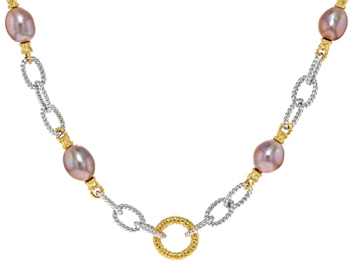 Pre-Owned 11-12mm Purple Cultured Kasumiga Pearl Rhodium And 18k Yellow Gold over Sterling Silver Ne - Size 20