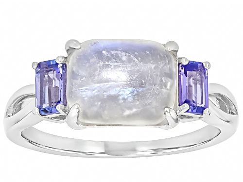 Pre-Owned 10x8mm Rainbow Moonstone with 0.53ctw Tanzanite Rhodium Over Sterling Silver Ring - Size 7