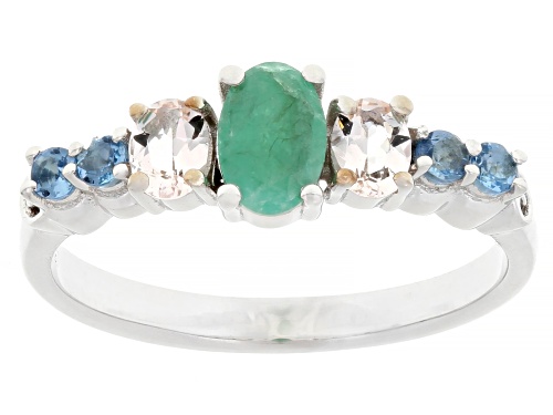 Pre-Owned 0.69ctw Zambian Emerald, Morganite, and Santa Maria Color Aquamarine Rhodium Over Silver R - Size 10