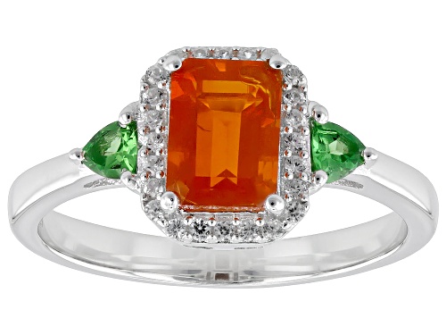 Pre-Owned 0.61ct Fire Opal with 0.17ctw Mint Tsavorite & 0.17ctw White Zircon Rhodium Over Silver Ri - Size 9
