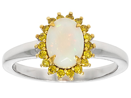 Pre-Owned 0.86ctw Ethiopian Opal with Prazana® Lab Grown Diamond Rhodium & 18K Yellow Gold Over Silv - Size 7
