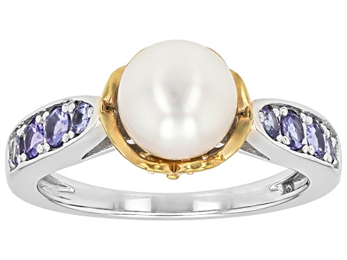 Pre-Owned 7mm White Cultured Japanese Akoya Pearl With Tanzanite Rhodium And 18K Gold Over Silver Ri - Size 11
