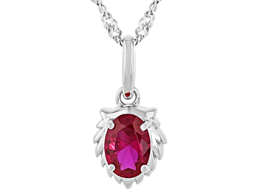 Pre-Owned 0.81ct Oval Lab Created Ruby Rhodium Over Sterling Silver Leo Birthstone Pendant With Chai