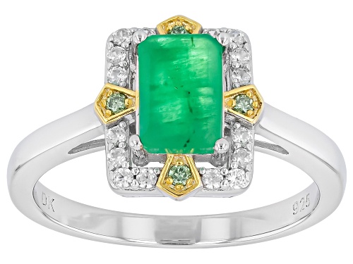 Pre-Owned 0.96ctw Zambian Emerald with Prazana® Lab Grown Diamonds Rhodium and 18k Gold Over Silver - Size 6