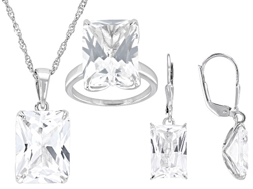 Pre-Owned 33.94ctw Radiant Cut Lab Sapphire Platinum Over Silver Pendant with Chain, Ring, and Earri