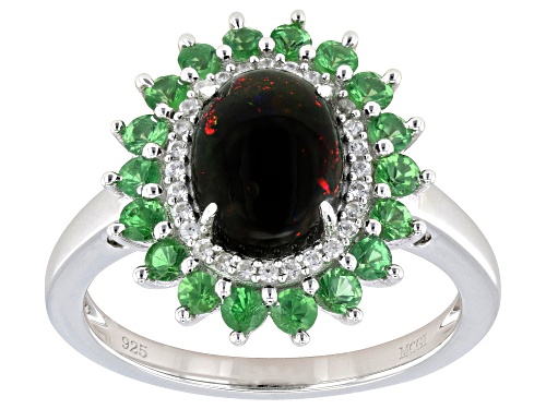 Pre-Owned 9x7mm Opal with 0.92ctw Tsavorite and White Zircon Rhodium Over Sterling Silver Ring - Size 10