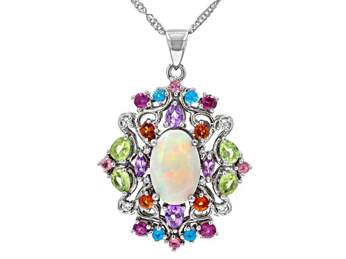 Pre-Owned 3.82ctw Ethiopian Opal With Multi-Gemstone Platinum Over Sterling Silver Pendant With Chai