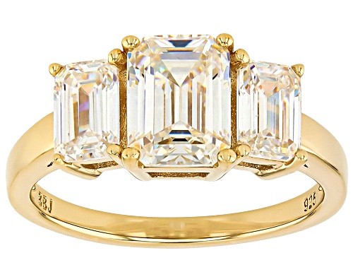 Pre-Owned 3.50ctw Emerald Cut Strontium Titanate 18k Yellow Gold Over Silver 3-Stone Ring - Size 7