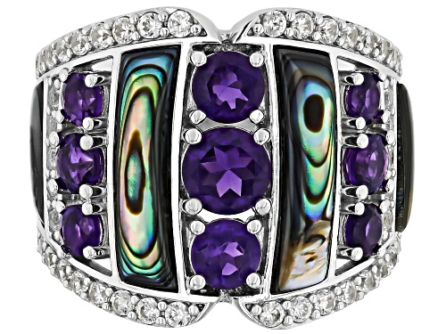 Pre-Owned 1.46ctw Amethyst, Freeform Abalone Shell With .86ctw White Zircon Rhodium Over Silver Ring - Size 7