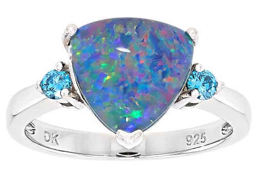 Pre-Owned 2.66ctw Australian Opal Triplet with Blue Prazana® Lab Grown Diamond Rhodium Over Silver R - Size 10