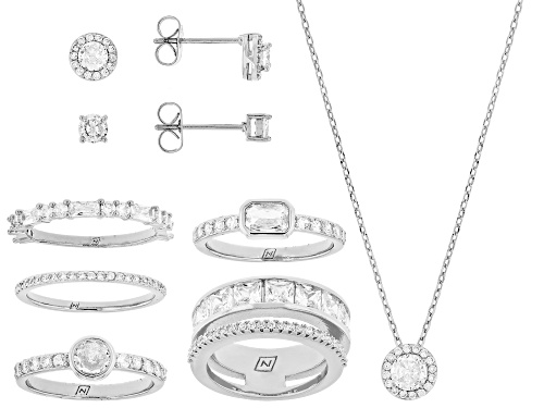 Pre-Owned Bella Luce® 8.29ctw White Diamond Simulant Rhodium Over Brass Ring, Stud, and Necklace Box