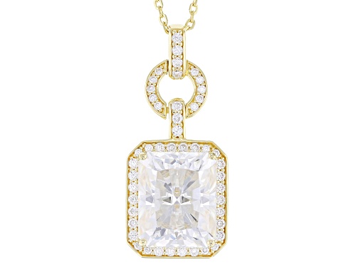 Pre-Owned MOISSANITE FIRE® 5.36CTW DEW EMERALD CUT AND ROUND 14K YELLOW GOLD OVER SILVER PENDANT AND