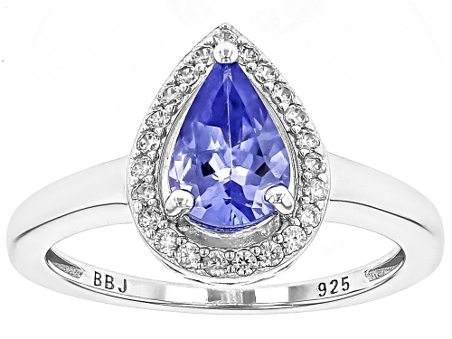 Pre-Owned 1.11ct Pear Shaped Tanzanite With 0.04ctw White Zircon Rhodium Over Sterling Silver Ring - Size 8