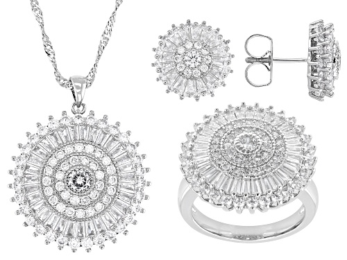 Pre-Owned Bella Luce® 13.74ctw White Diamond Simulant Rhodium Over Brass Pendant, Earrings, and Ring