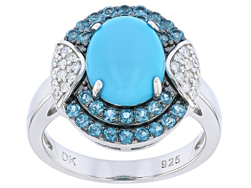 Pre-Owned Sleeping Beauty Turquoise with 0.66ctw Topaz & Prazana® Lab-Grown Diamonds Rhodium Over Si - Size 6