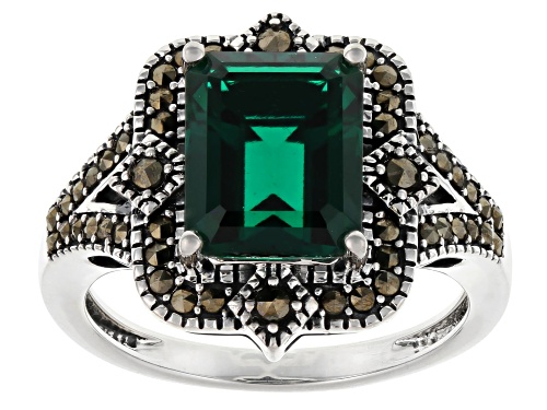 Pre-Owned 2.72ct Lab Created Emerald with 0.31ct Marcasite Rhodium Over Sterling Silver Ring - Size 8