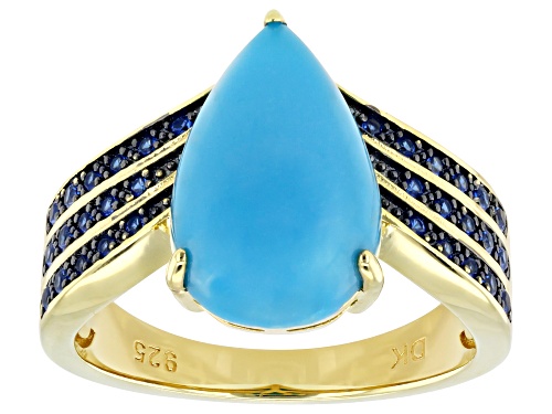 Pre-Owned 14x9mm Sleeping Beauty Turquoise With 0.19ctw Lab Blue Spinel 18k Yellow Gold Over Silver - Size 6