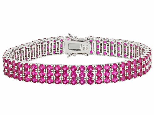 Pre-Owned 17.14ctw Round Lab Created Ruby Rhodium Over Sterling Silver Tennis Bracelet - Size 8