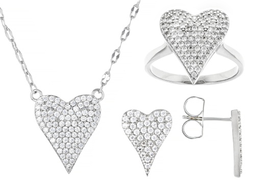 Pre-Owned Bella Luce® 1.95ctw White Diamond Simulant Rhodium Over Brass Heart Ring, Stud, and Neckla