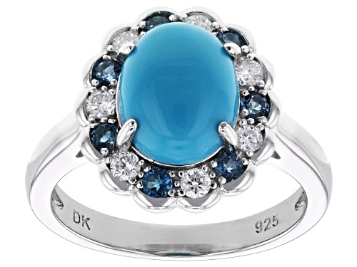 Pre-Owned Sleeping Beauty Turquoise, 0.44ctw Topaz & Prazana® Lab-Grown Diamonds Rhodium Over Silver - Size 5