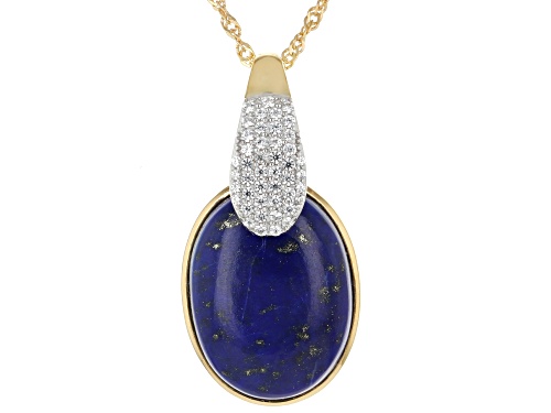 Pre-Owned 20x15mm Lapis Lazuli With 0.47ctw White Zircon 18k Yellow Gold Over Silver Pendant With Ch
