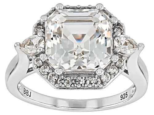 Pre-Owned 5.04ct Square Asscher Cut, .36ctw Round, .29ctw Pear Shape Lab Sapphire Rhodium Over Silve - Size 8