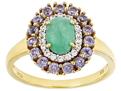 Pre-Owned 0.61ct Emerald, 0.40ctw Tanzanite, 0.18ctw White Zircon 18k Yellow Gold Over Sterling Silv - Size 6
