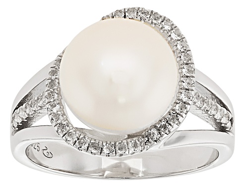 Pre-Owned 10mm White Cultured Freshwater Pearl With Topaz Rhodium Over Sterling Silver Ring - Size 12
