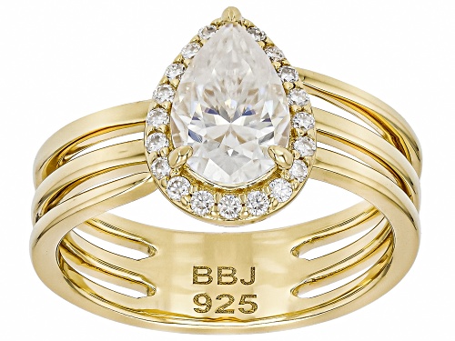 Pre-Owned Moissanite Fire® 1.70ctw DEW Pear and Round 14k Yellow Gold Over Sterling Silver Halo Ring - Size 7