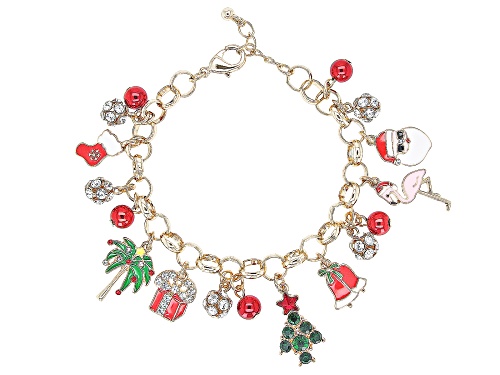 Pre-Owned Off Park® Collection, Crystal & Enamel Gold Tone Holiday Charm Bracelet - Size 7.5