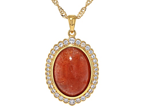 Pre-Owned 16x12mm Sunstone with 0.48ctw White Zircon 18K Yellow Gold Over Silver Pendant with Chain