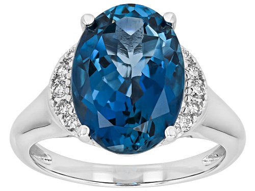 Pre-Owned 6.56ct Oval London Blue Topaz With .11ctw White Prazana® Lab Grown Diamonds Rhodium Over S - Size 6