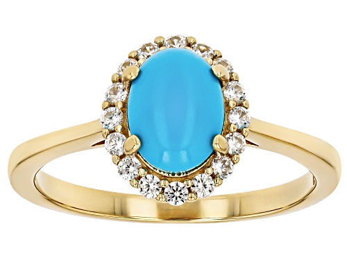 Pre-Owned 8x6mm Sleeping Beauty Turquoise With 0.30ctw White Zircon 18k Yellow Gold Over Silver Halo - Size 10