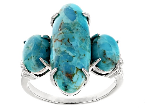 Pre-Owned 20x8mm & 8x6mm Oval Composite Turquoise Rhodium Over Sterling Silver 3-Stone Ring - Size 9