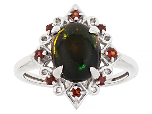 Pre-Owned 10x8mm Black Ethiopian Opal with 0.20ctw Vermelho Garnet™ Rhodium Over Sterling Silver Rin - Size 6