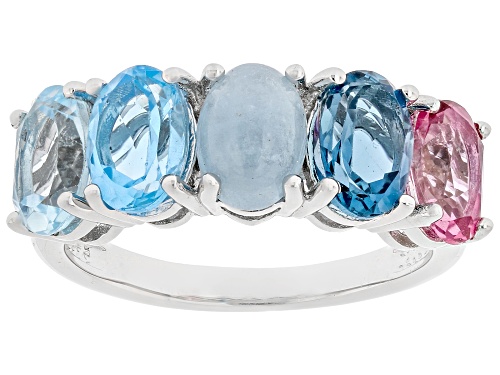 Pre-Owned 7x5mm Dreamy Aquamarine with 3.20ctw Multi-Topaz Rhodium Over Sterling Silver Ring - Size 6