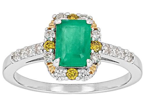 Pre-Owned 0.85ct Zambian Emerald With 0.27ctw Prazana® Lab Grown Diamond Rhodium 18k Gold Over Silve - Size 6