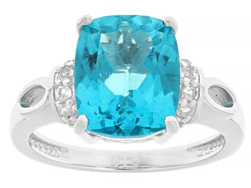 Pre-Owned 4.33ctw Paraiba Color Topaz with 0.19ctw White Topaz Rhodium Over Sterling Silver Ring - Size 8