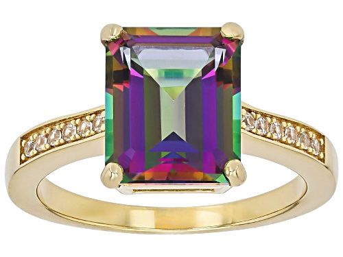 Pre-Owned 4.75ct Mystic Topaz® With 0.09ctw White Zircon 18k Yellow Gold Over Sterling Silver Ring - Size 9