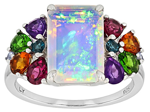 Pre-Owned 1.87ct Ethiopian Opal with 1.06ctw Multi Gemstone Rhodium Over Sterling Silver Ring - Size 7