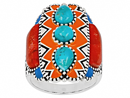 Pre-Owned Southwest Style by JTV™ Sponge Coral With Turquoise & Enamel Sterling Silver Ring - Size 8