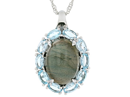 Pre-Owned 16x12mm Labradorite with 2.38ctw Glacier Topaz™ Rhodium Over Sterling Silver Pendant with