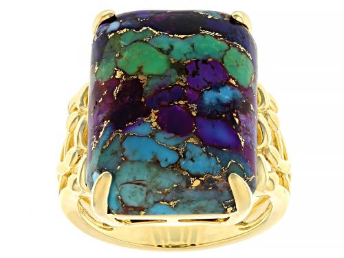 Pre-Owned 20x15mm Blended Multi-Color Turquoise 18K Yellow Gold Over Sterling Silver Ring - Size 6