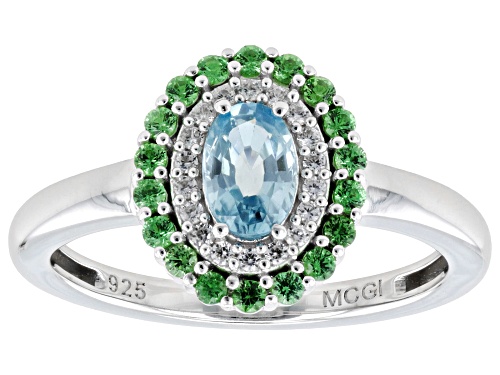 Pre-Owned 0.54ct Blue Zircon with 0.26ctw Tsavorite & 0.13ctw White Zircon Rhodium Over Sterling Sil - Size 8