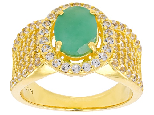 Pre-Owned 1.90ct Oval Emerald With 1.35ctw Round White Zircon 18k Gold Over Sterling Silver Ring - Size 6